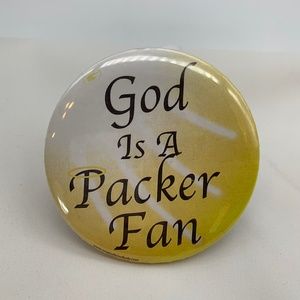 Vintage 1990s HM Green Bay Packers 'God Is A Packer Fan' 3" Button Pin